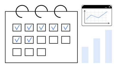 Calendar concept. Calendar highlighting tasks and progress tracking paired with data analysis charts for planning. Calendar aiding organized scheduling and efficiency improvement. For business, task