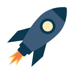 Rocket illustration representing startup launch, fast growth, innovation and business success. Modern vector icon with bright flame, minimal shapes and clean colors for marketing, technology