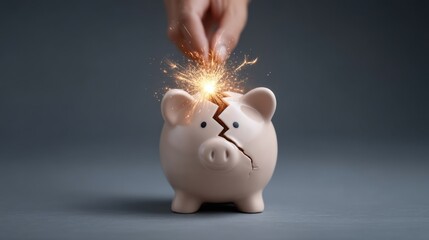 Hand Breaking Open a Damaged Piggy Bank with Sparkler Effect, Symbolizing Financial Challenges, Savings Destruction, and Investment Risks