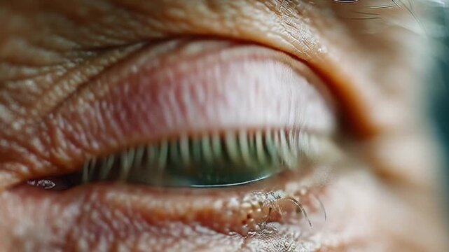A close-up view of an elderly person's eye with visible wrinkles and aged skin