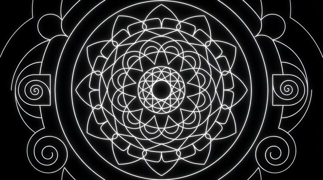 Intricate sacred geometry mandala pattern with radiating floral and geometric elements on a dark background, symbolizing spiritual harmony and enlightenment