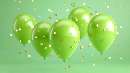St. Patrick's Day background. Green balloons on a green background with golden confetti.
