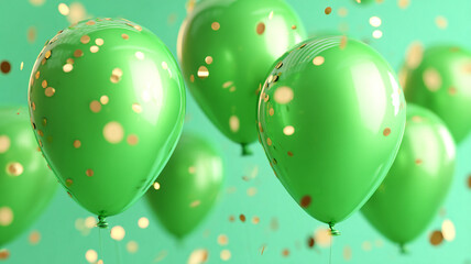 St. Patrick's Day background. Green balloons on a green background with golden confetti.