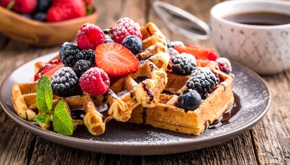 Delicious waffles with fresh berries and a cup of coffee on a rustic wooden table.