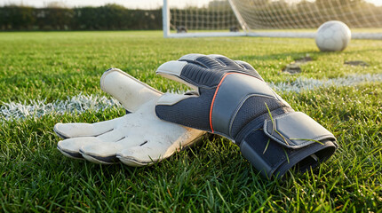 Goalkeeper gloves on grass with soccer ball in background  