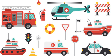 Emergency rescue icons, fire truck ambulance police helicopter boat extinguisher signs equipment, public safety set, flat vector illustration © MDSHISHIRHASAN