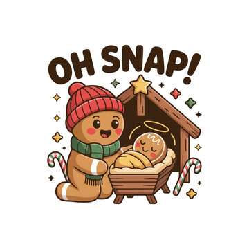 Gingerbread man exclaims oh snap holding candy cane amongst falling crumbs