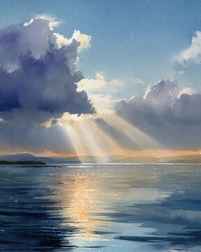 Serene Watercolor Landscape with Sunlight and Dramatic Clouds