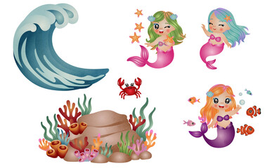 cute mermaid with sea life elements illustration set. watercolor hand drawn style.