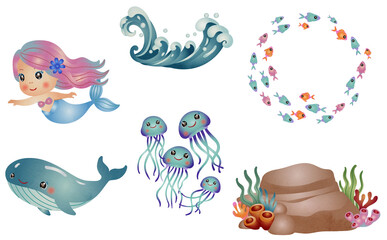 cute mermaid with sea life elements illustration set. watercolor hand drawn style.