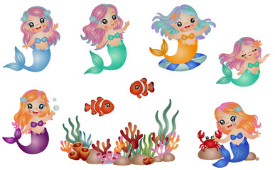 cute mermaid with sea life elements illustration set. watercolor hand drawn style.