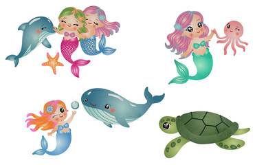 cute mermaid with sea life elements illustration set. watercolor hand drawn style.