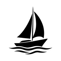Fototapeta premium Black Silhouette Sailboat Sailing on Wavy Water, Nautical Travel Icon