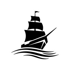 Vintage Sailing Ship Silhouette on Wavy Sea, Nautical Adventure Icon © imran