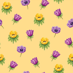 Seamless floral pattern with the first spring flowers on a yellow background