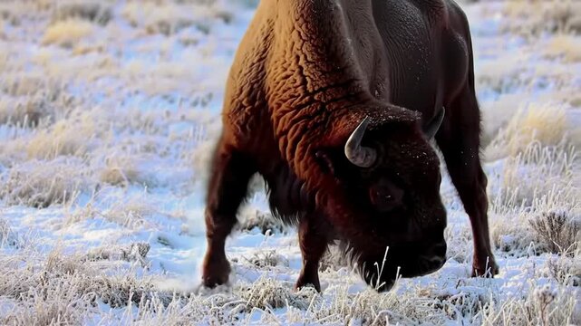 American bison grazing in snowy field on a sunny winter day
