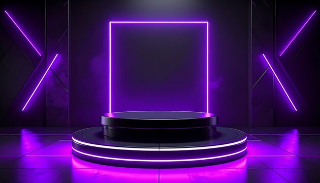 Abstract futuristic 3D podium on a dark stage with glowing purple neon lights and a square frame