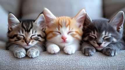 Three Adorable Kittens Sleeping Together on a Cozy Couch Surface