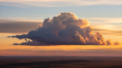 A large cumulus cloud formation at sunset over a vast landscape