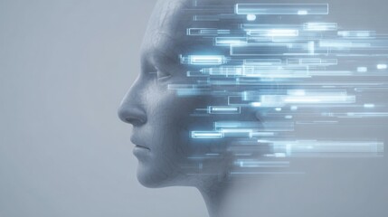 Close up human head profile with multiple floating holographic AI windows and data streams emerging from the brain area, symbolizing cognitive