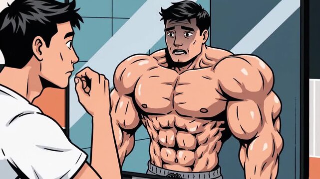 Man with Body Dysmorphia Gazes at Distorted Reflection