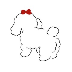 Adorable, hand-drawn puppy illustration with a red bow and doodles. Perfect for cards, decor, or cute merchandise.	
