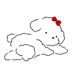 Adorable, hand-drawn puppy illustration with a red bow and doodles. Perfect for cards, decor, or cute merchandise.	
