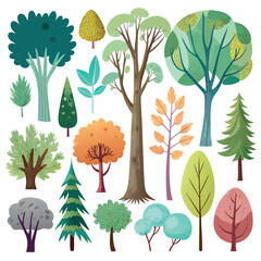 Hand-painted watercolor trees in different shapes and colors