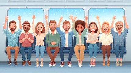 Fototapeta premium Joyful group of friends celebrating together on a public transit journey cartoon style vibrant colors cheerful atmosphere