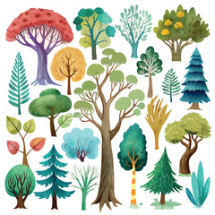 Hand-painted watercolor trees in different shapes and colors