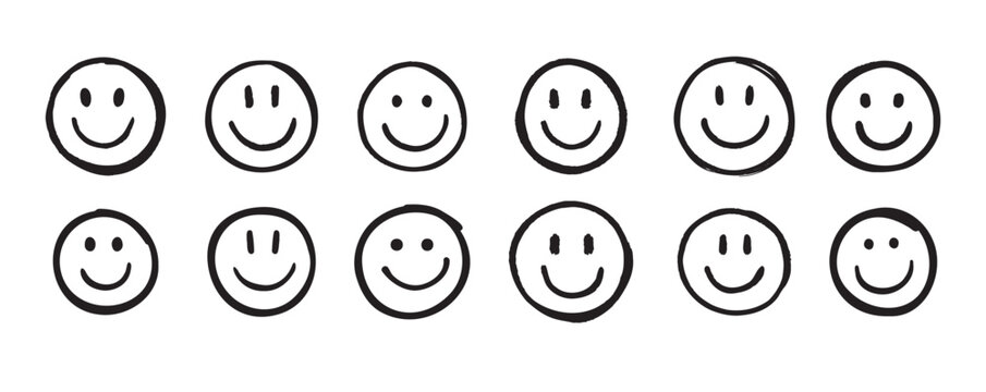Smile face Doodle sketch style icon set. Smiling face hand drawn, happy emotion concept.