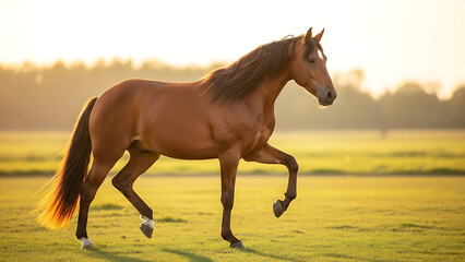 Galloping Horse in Golden Fields at Sunset, Nature Photography, Serene Environment, Dynamic Viewpoint
