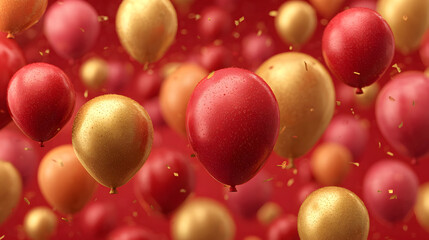 Celebration party banner background with red, gold balloons, carnival, festival or birthday balloon red background, red celebration background template