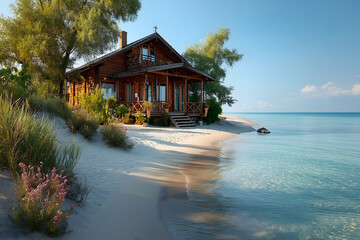 Peaceful Beachfront Log House with Turquoise Ocean View