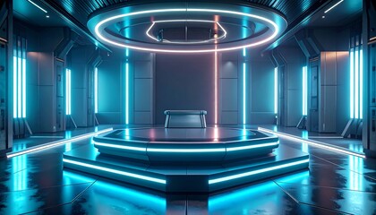 Futuristic empty podium on a high-tech stage with glowing blue neon structural lighting for presentation