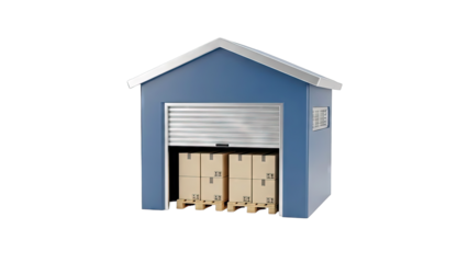 Blue Storage Unit with Boxes and Roll-Up Door