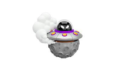 Cartoon UFO with Alien on Moon Surface with Smoke