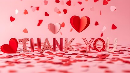 A heartwarming thank you message with red hearts and confetti on a pink background for valentine's day or appreciation