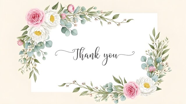 A floral thank you card with a beautiful wreath and elegant script