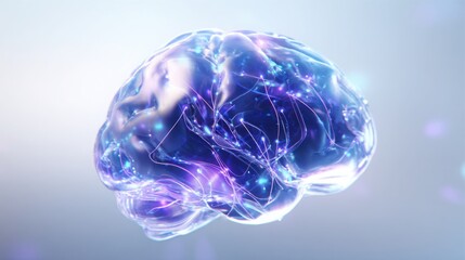 Single holographic AI brain core floating in the center, glowing cyan and violet neural lines inside transparent structure, clean light background