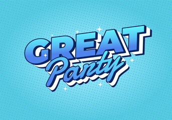 A vibrant graphic design featuring the text Great Party in bold, playful typography with blue gradient and a dotted background