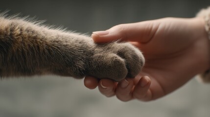 Tender Connection Between Human Hand and Soft Cat Paw in Serene Light, Symbolizing Gentle Bond and Quiet Affection