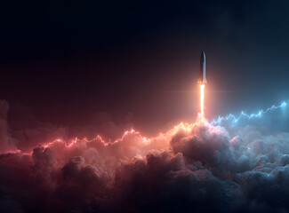 Neon rocket launching from a vibrant, glowing graph against a dark backdrop. Digital lines and bright colors illustrate upward growth and success.