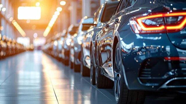 Row of new cars in showroom with bright lighting, showcasing modern design and technology.