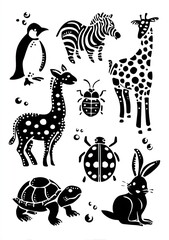 black and white stencil of animals with dots on their bodies: a penguin, a zebra, a giraffe, a turtle, a ladybug, a frog, and a rabbit, with bubbles. AI