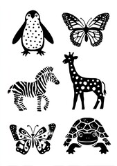 black and white stencil of animals with dots on their bodies: a penguin, a zebra, a giraffe, a turtle, a ladybug, a frog, and a rabbit, with bubbles. AI