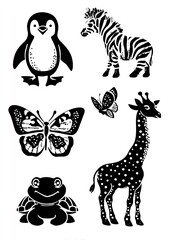 black and white stencil of animals with dots on their bodies: a penguin, a zebra, a giraffe, a turtle, a ladybug, a frog, and a rabbit, with bubbles. AI