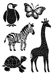 black and white stencil of animals with dots on their bodies: a penguin, a zebra, a giraffe, a turtle, a ladybug, a frog, and a rabbit, with bubbles. AI