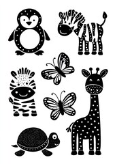 black and white stencil of animals with dots on their bodies: a penguin, a zebra, a giraffe, a turtle, a ladybug, a frog, and a rabbit, with bubbles. AI