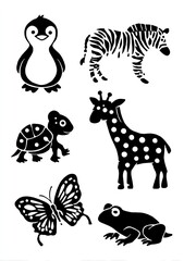black and white stencil of animals with dots on their bodies: a penguin, a zebra, a giraffe, a turtle, a ladybug, a frog, and a rabbit, with bubbles. AI